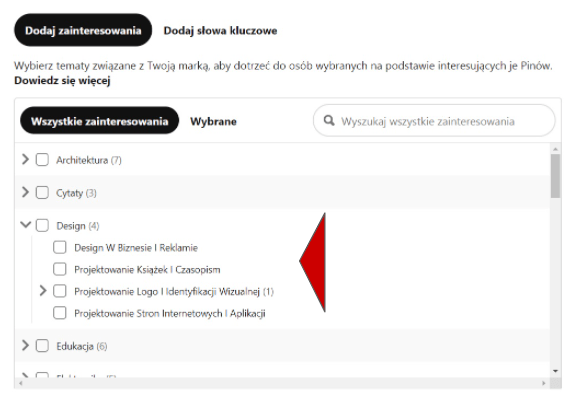 Kierowanie reklam na Pinterest po zainteresowaniach