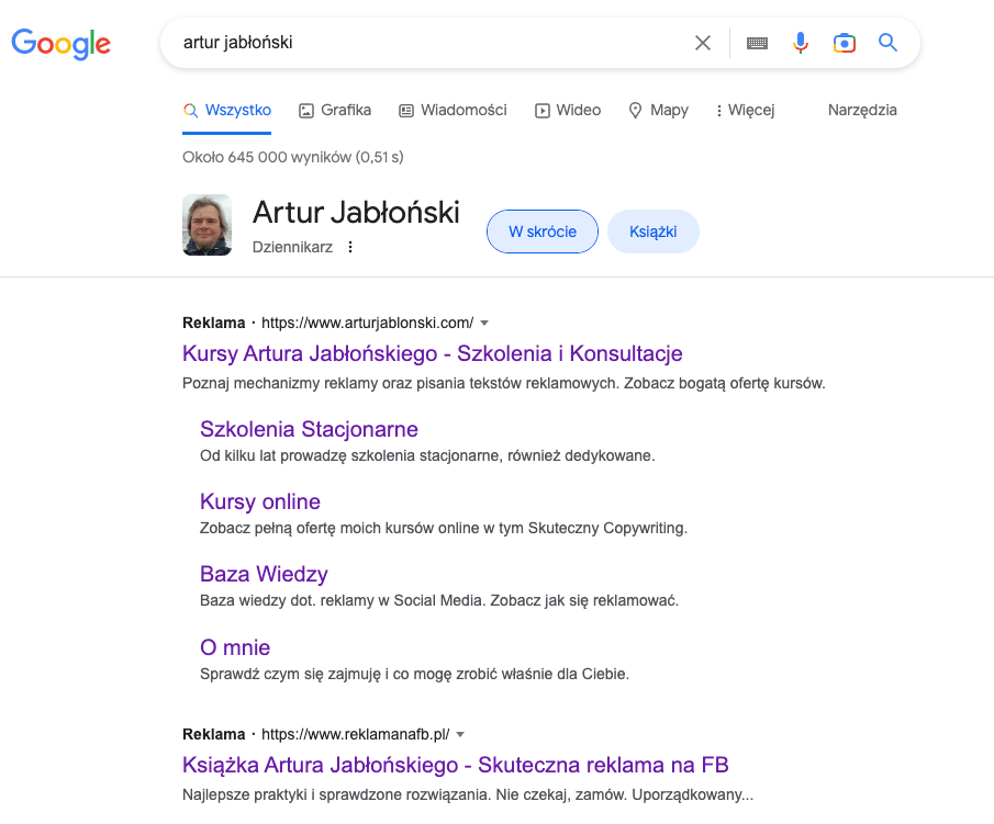 Reklama w systemie Google Ads na pierwszej pozycji.