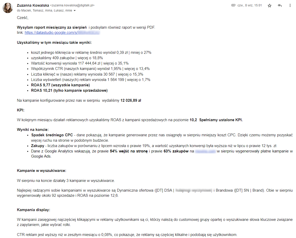 Nie robimy kampanii SEO. To raport miesieczny Google Ads. W raportach nie ma naturalnych wynikow wyszukiwania Google.