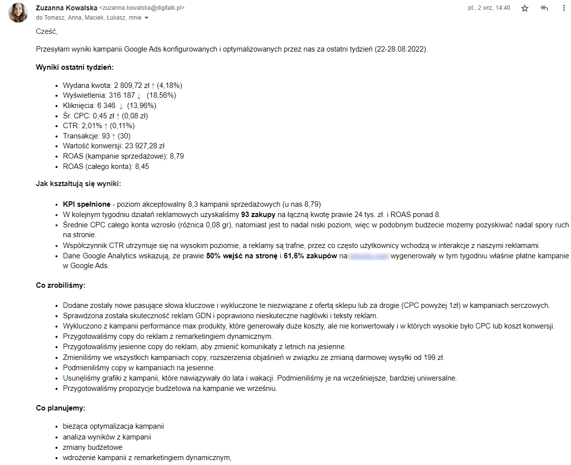 Raport tygodniowy o wykonanych dzialaniach z kampanii reklamowych Google Ads. To nie sa raporty SEO przygotowane z agencja SEO.