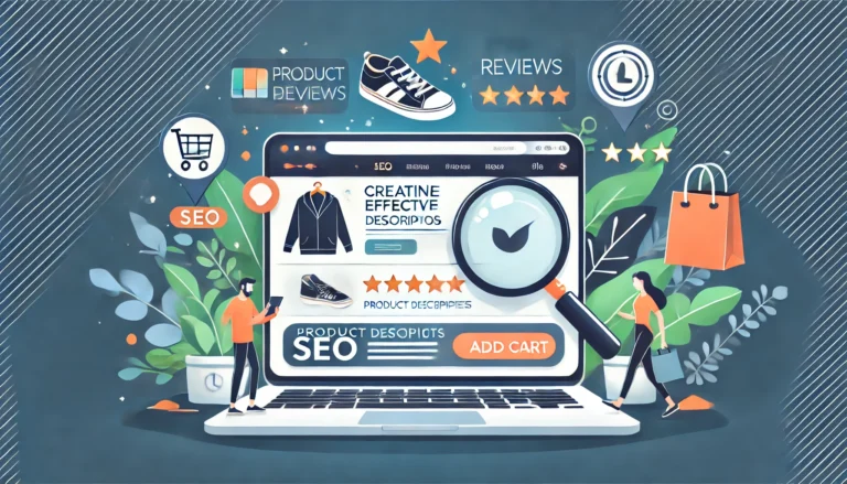 DALL·E 2025 08 21 10.42.19 A modern professional illustration representing the concept of creating effective product descriptions for e commerce with SEO. The scene shows a lap