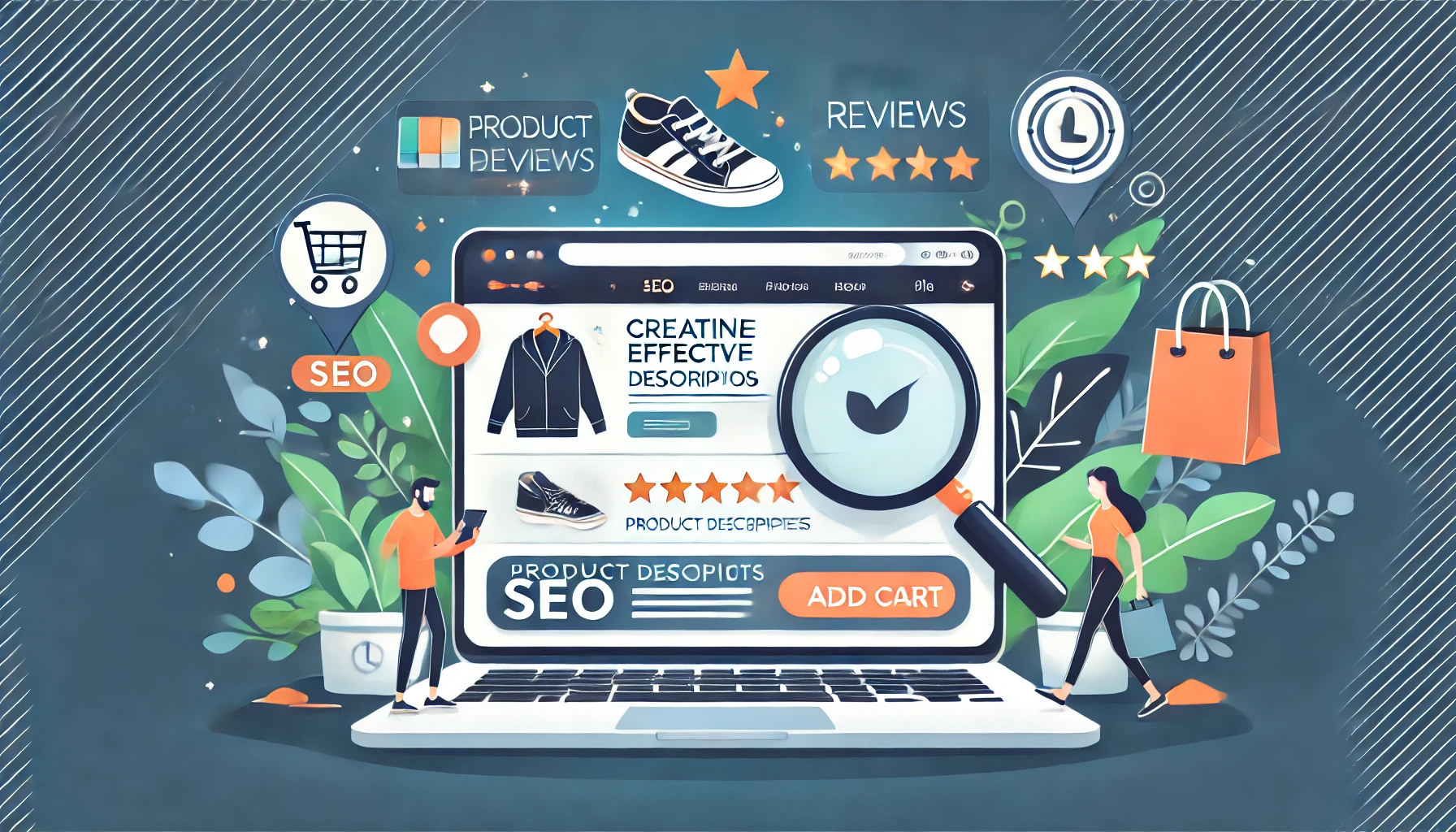 DALL·E 2025 08 21 10.42.19 A modern professional illustration representing the concept of creating effective product descriptions for e commerce with SEO. The scene shows a lap